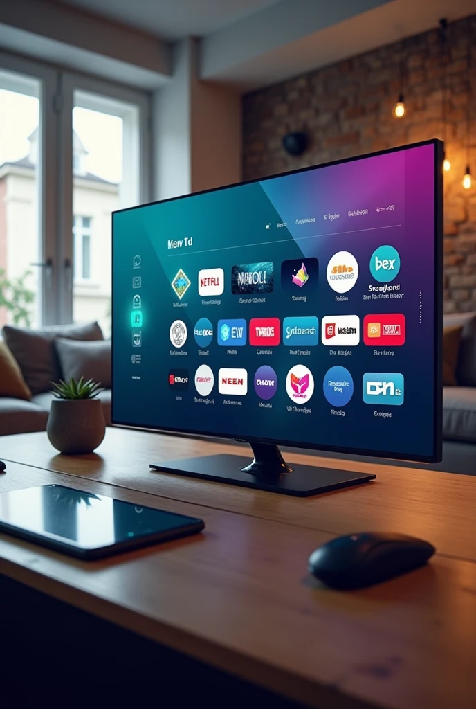 Créez une image promotionnelle pour une boutique IPTV, avec un écran plat affichant une interface IPTV dynamique, montrant des chaînes populaires. Ajoutez des éléments comme des logos de chaînes, des icônes de streaming, et des appareils connectés (smartphone, tablette). Le fond doit représenter un salon moderne, lumineux et confortable. Incluez un texte accrocheur, tel que "La TV réinventée, disponible partout !" et le nom de la boutique, avec une typographie moderne et impactante.