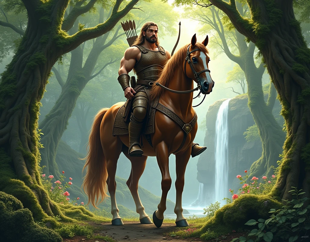 A majestic Centaur standing proudly in a lush, ancient forest. The Centaur has the powerful, muscular body of a sleek, chestnut horse with a glossy coat, and the upper body of a warrior with well-defined muscles, adorned in ornate leather armor. His long, flowing hair cascades over his broad shoulders, and he holds a beautifully crafted bow, with arrows strapped to his back. His eyes are fierce yet wise, reflecting centuries of knowledge.

The forest around him is alive with towering, ancient trees covered in thick, emerald-green moss, their roots twisting like serpents over the forest floor. Sunlight filters through the dense canopy above, casting dappled shadows on the ground. A faint mist lingers in the air, adding a mystical aura to the scene. In the background, a hidden waterfall cascades down a series of rocky cliffs, creating a serene pool surrounded by vibrant, blooming wildflowers. The sound of rustling leaves and distant bird songs fills the air, adding to the enchanting atmosphere of this otherworldly realm.