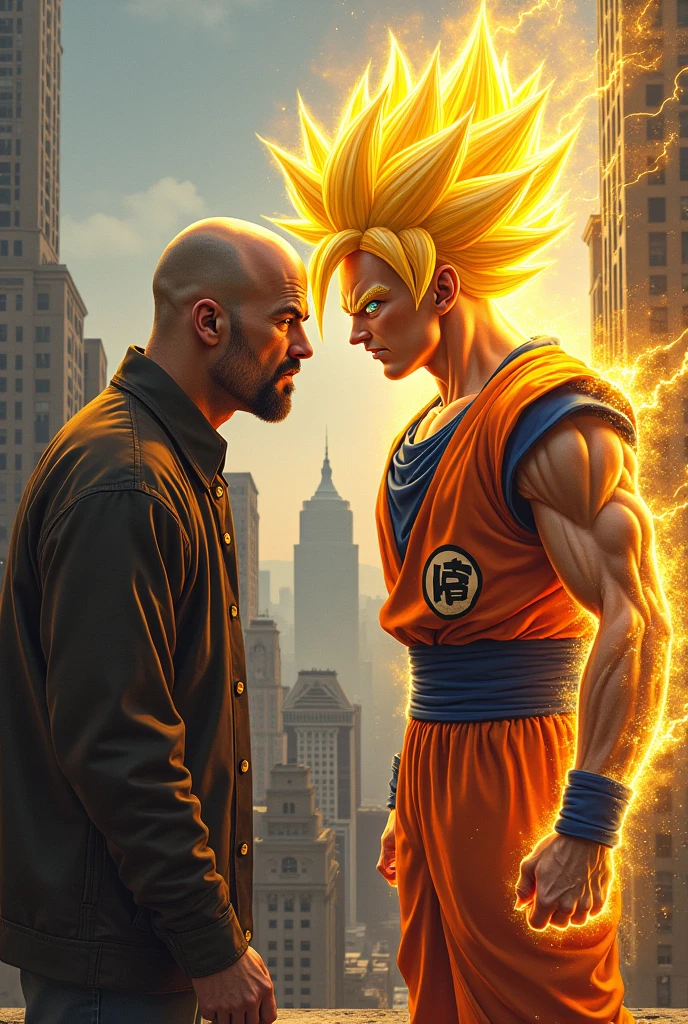 Goku super sayan phase 3 vs walter white on the roof of a building