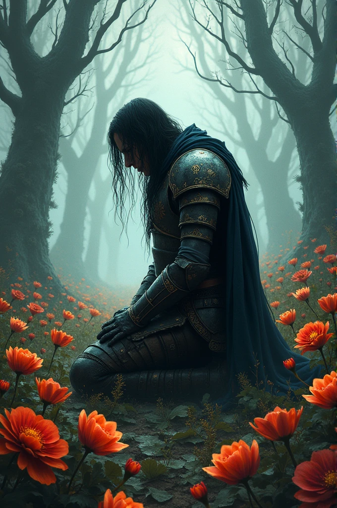 Dark Fantasy Wallpaper, cry Warrior in flowers