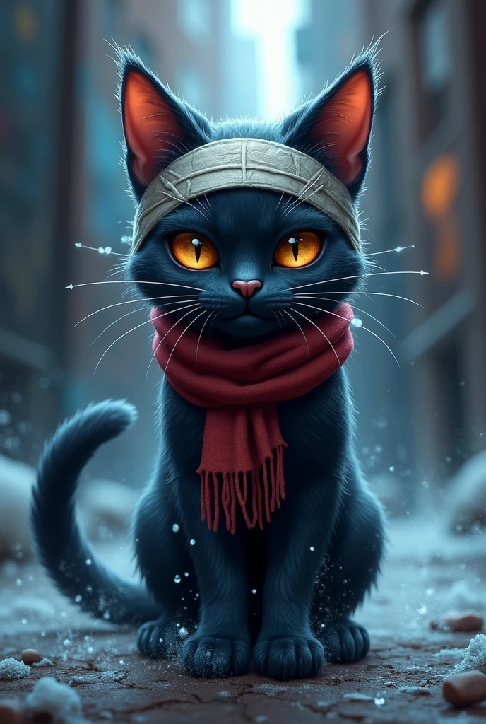 create a photo realistic image of a character named Iceberg-Kitty, a mischievous black alley cat with a cunning smile wearing a scarf, bandages around his head and had ice powers