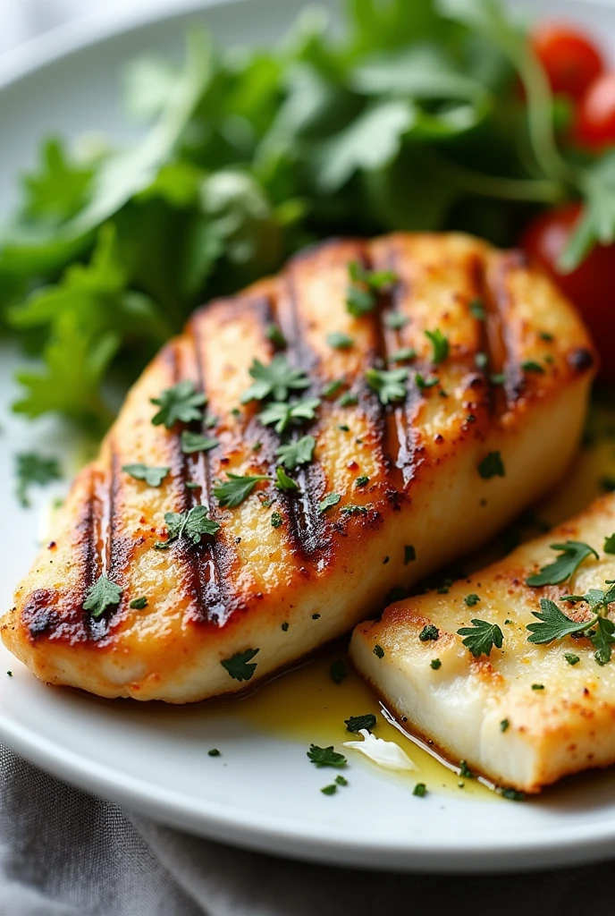 Grilled chicken breast or baked fish fillet with herbs.
