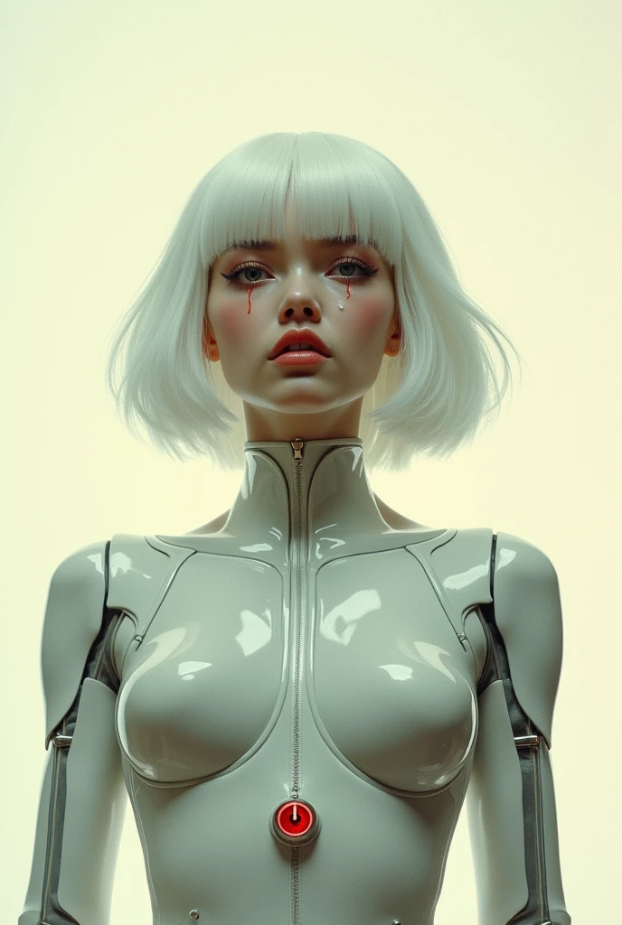 retro japanese pulp poster of a retro levitating cyberpunk girl, white bob haircut, transcendental expression on her face, eyes watering, tears streaming, robotic body parts, silicone implants, biohacking enhancements adorn the body, detailed features, vintage white background, a power button is planted in her upper chest, quantum wavetracing, cinematic composition, symmetrical by hajime Sorayama, masamune shirow