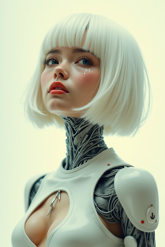 retro japanese pulp poster of a retro levitating cyberpunk girl, white bob haircut, transcendental expression on her face, eyes watering, tears streaming, robotic body parts, silicone implants, biohacking enhancements adorn the body, detailed features, vintage white background, a power button is planted in her upper chest, quantum wavetracing, cinematic composition, symmetrical by hajime Sorayama, masamune shirow