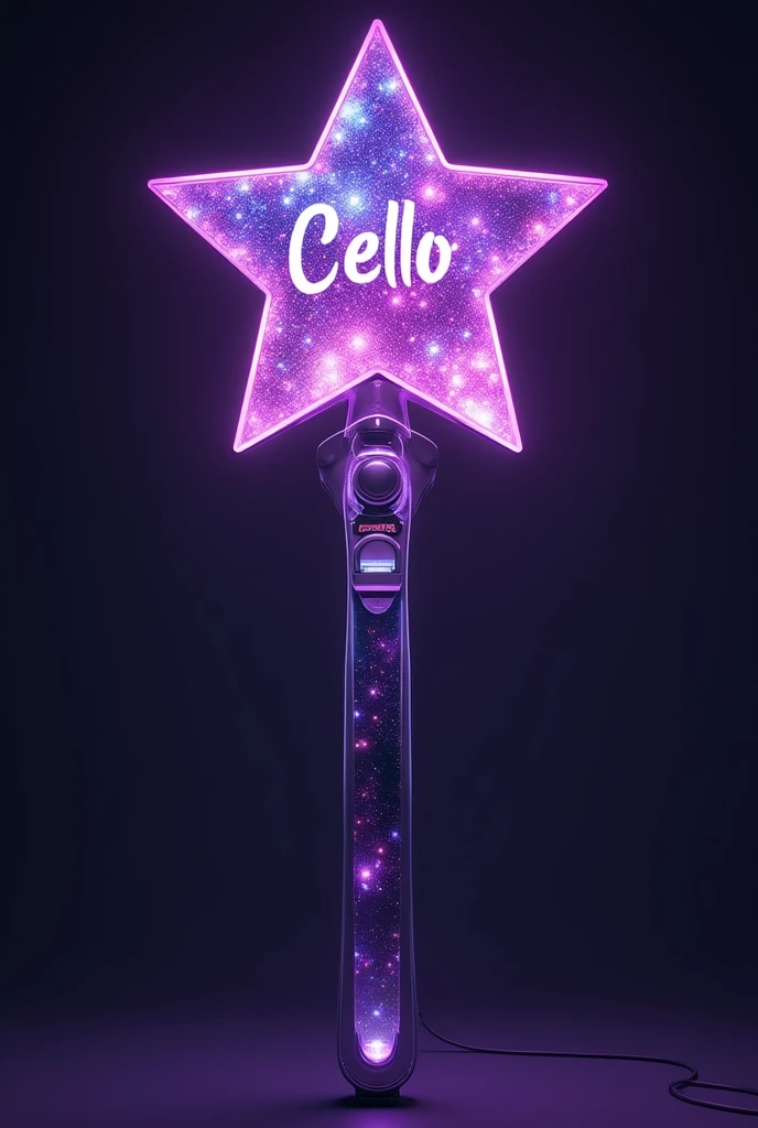 Lightstick with purple and silver colors, that has a galaxy, and the name of the Group is CELLO with a star shape and a modern style