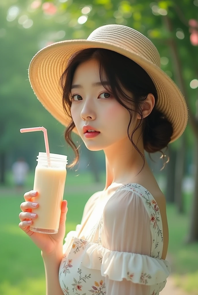 KOREAN, pale skin, cute hat, white flowery dress, in a park, she holds a milkshake in her left hand, closeup, sexy style