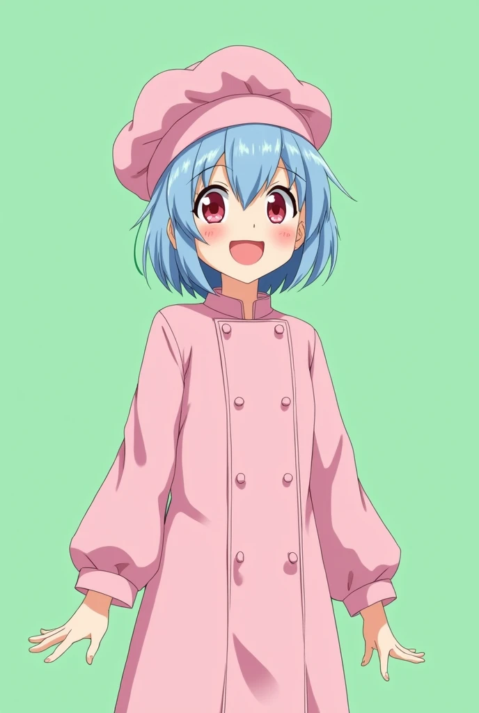 Female chef between 18 and 1, with a pink long-sleeved uniform and a chef&#39;s hat of the same color, 2D anime style with pastel colors, short blue hair, Red eyes ,with a happy expression, on a completely green and flat background