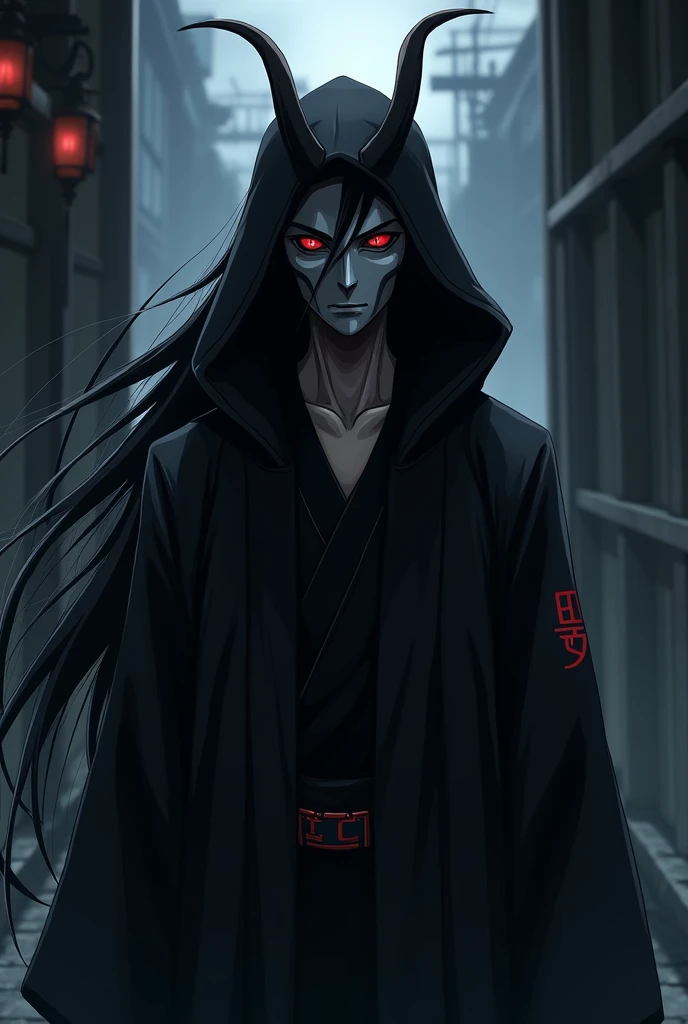 Create an anime style character wearing a black hooded kimono with long black hair and a gray demon mask