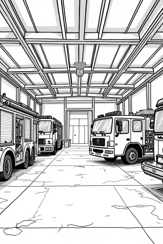 Create an illustration of a cartoon style fire station interior , ,black and white outline , drawing style well-defined black lines, coloring book style