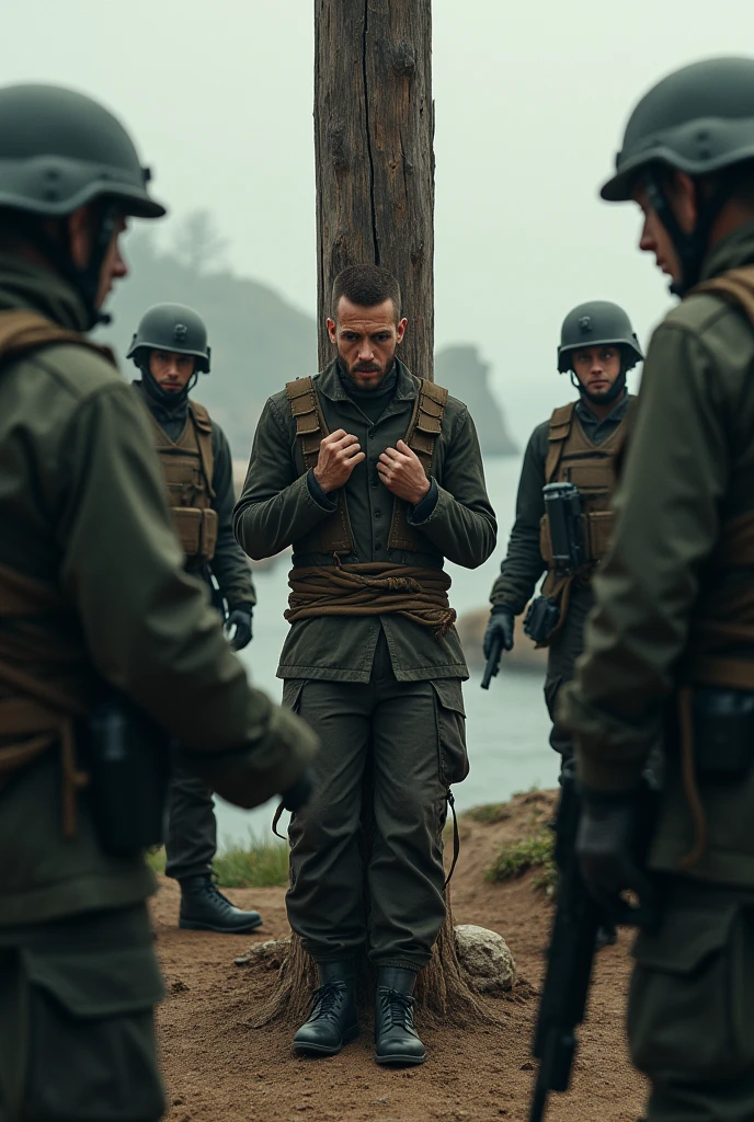 Man tied to a wooden pillar with marines in front of him
