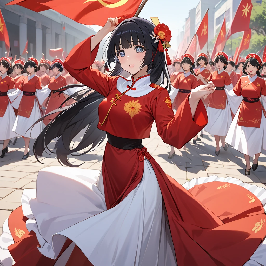 ((Highest quality)), ((masterpiece)), (detailed), （Perfect Face）、The woman is Aoki Reika, has medium-long hair and is a member of the Chinese Communist Party.、A woman wears a Chinese Communist Party folk dance costume and performs Chinese folk dance for China with female members at a Communist Party rally.