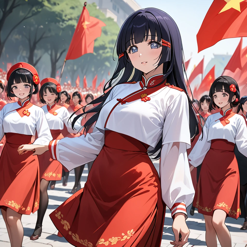 ((Highest quality)), ((masterpiece)), (detailed), （Perfect Face）、The woman is Aoki Reika, has medium-long hair and is a member of the Chinese Communist Party.、A woman wears a Chinese Communist Party folk dance costume and performs Chinese folk dance for China with female members at a Communist Party rally.