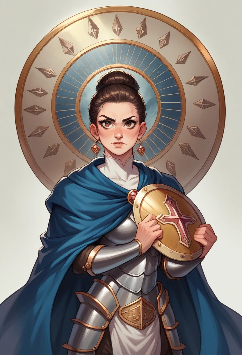 Calista Moon, an athletic woman with dark brown hair and captivating hazel eyes. She is depicted in a powerful and confident stance, showcasing her combat and magical skills. Calista wears a silver armor with accents of gold and blue,she wears a blue cape, athletic, sirious,complementing her formidable presence. She holds a shield bearing the emblem of a swan and wields a sublime Sword. Comics realistic