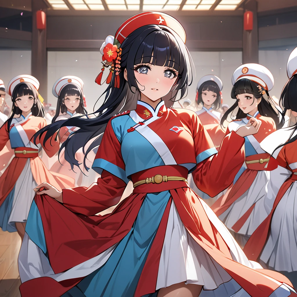 ((Highest quality)), ((masterpiece)), (detailed), （Perfect Face）、The woman is Reika Aoki with semi-long hair、The woman is a member of the North Korean Pleasure Squad and is dressed in North Korean national costume and performing a dance for the general.