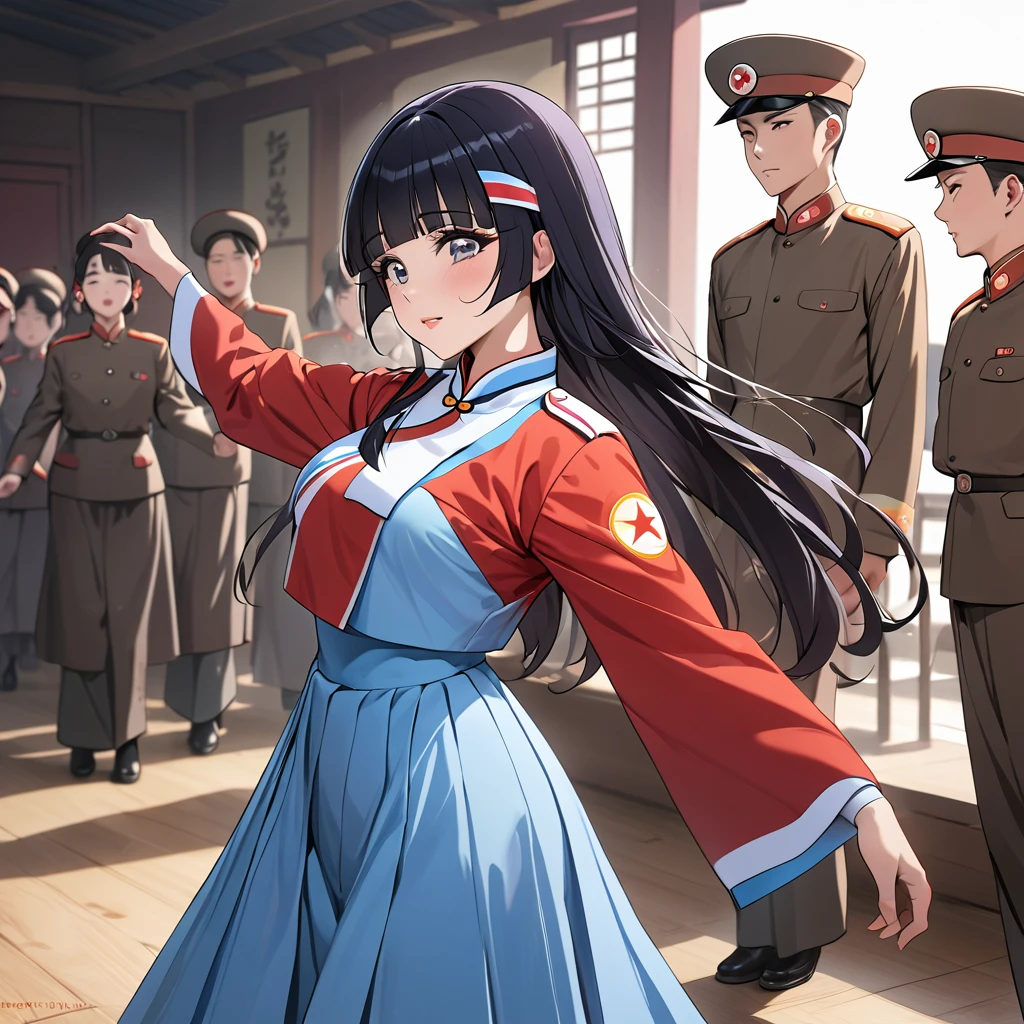 ((Highest quality)), ((masterpiece)), (detailed), (Perfect Face)、The woman is Reika Aoki with semi-long hair、The woman is a member of the North Korean Pleasure Squad and is dressed in North Korean national costume and performing a dance for the general.