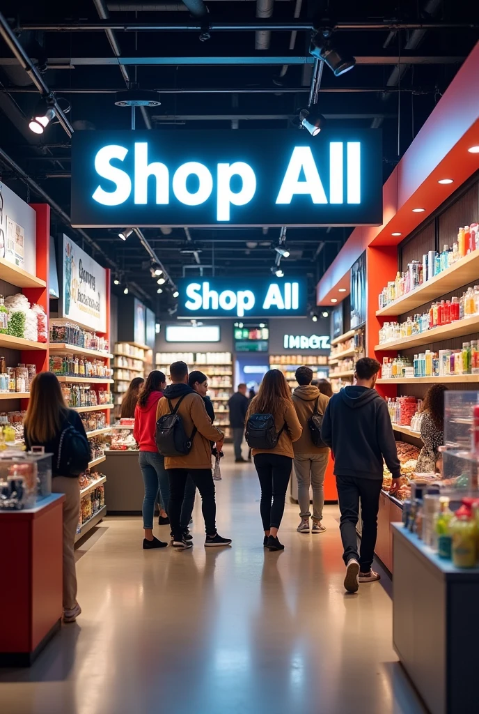 "SHOP ALL" should be prominently displayed in the image, and there should be essential items visible, giving the impression that people have come to shop.