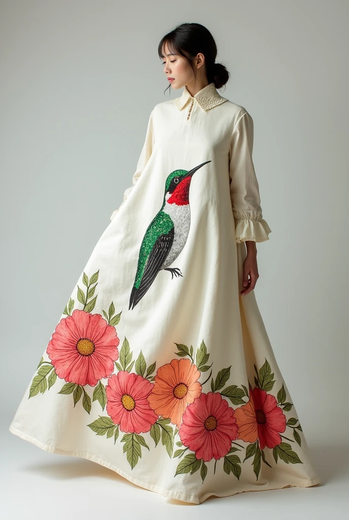 An image of a cloth dress with a drawing of a hummingbird and flowers at the bottom in a chain. The hummingbird must be large and the flowers must be large and carnations. The dress must be white and not too green. The dress is large, I got up and I want flowers around it. But the drawing should look like it is drawn and stitched with tempera, so that it can be seen from the front with other types of flowers. The hummingbird must be inside.

