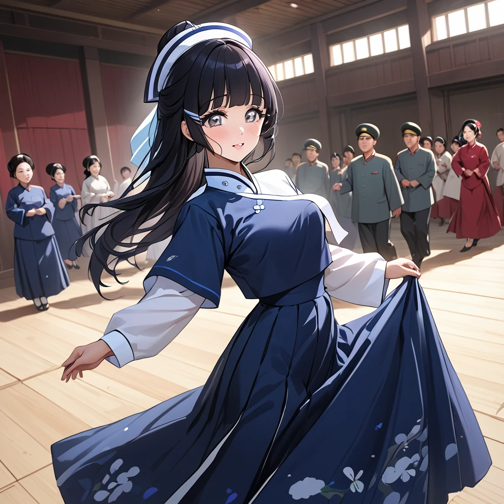 ((Highest quality)), ((masterpiece)), (detailed), (Perfect Face)、The woman is Reika Aoki with semi-long hair、The woman is a member of the North Korean pleasure group, and wears a charming North Korean traditional dress, dances for the general, and impresses him.