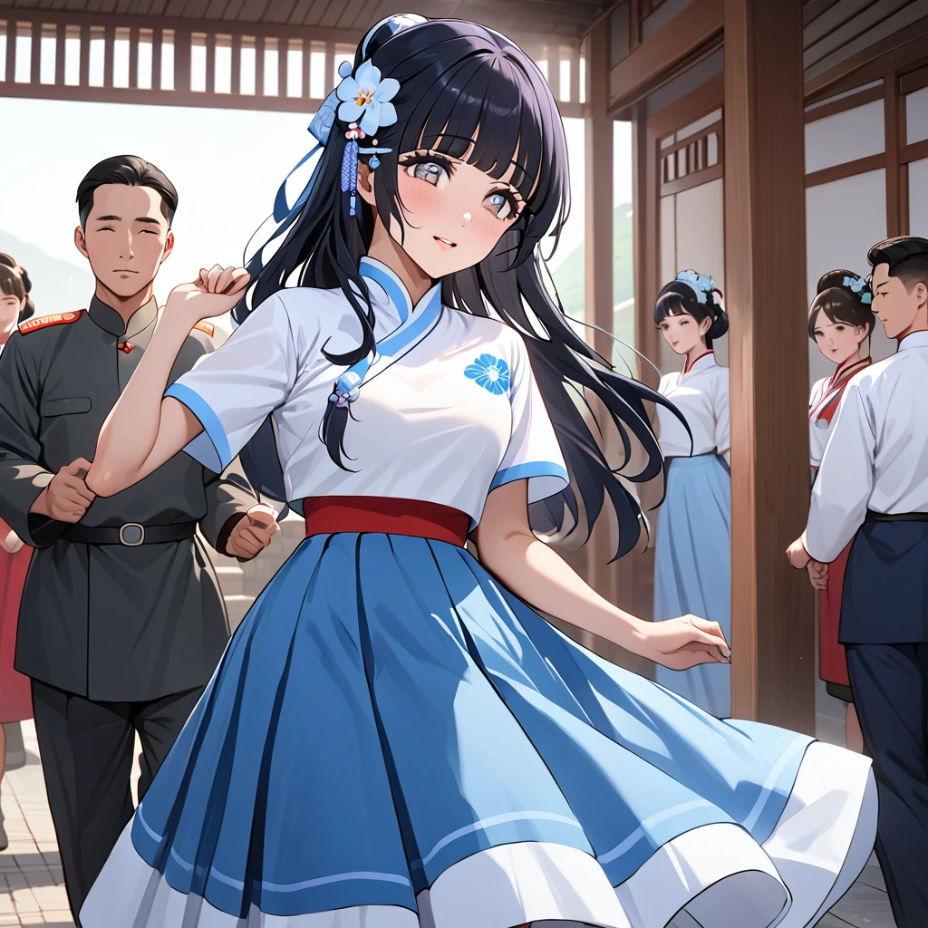 ((Highest quality)), ((masterpiece)), (detailed), （Perfect Face）、The woman is Reika Aoki with semi-long hair、The woman is a member of the North Korean pleasure group, and wears a charming North Korean traditional dress, dances for the general, and impresses him.