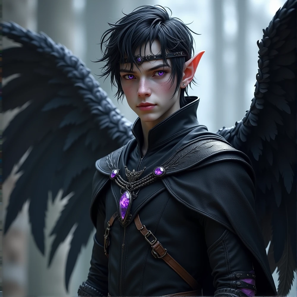 (photorealism:1.2),a teenage Male white with black hair muscular slim male tall elven ears glowing royal purple eyes and fantasy black leather armor and fantasy clothes large black feathered wings folded behind his back a black metal circlet inlaid with purple gemstones