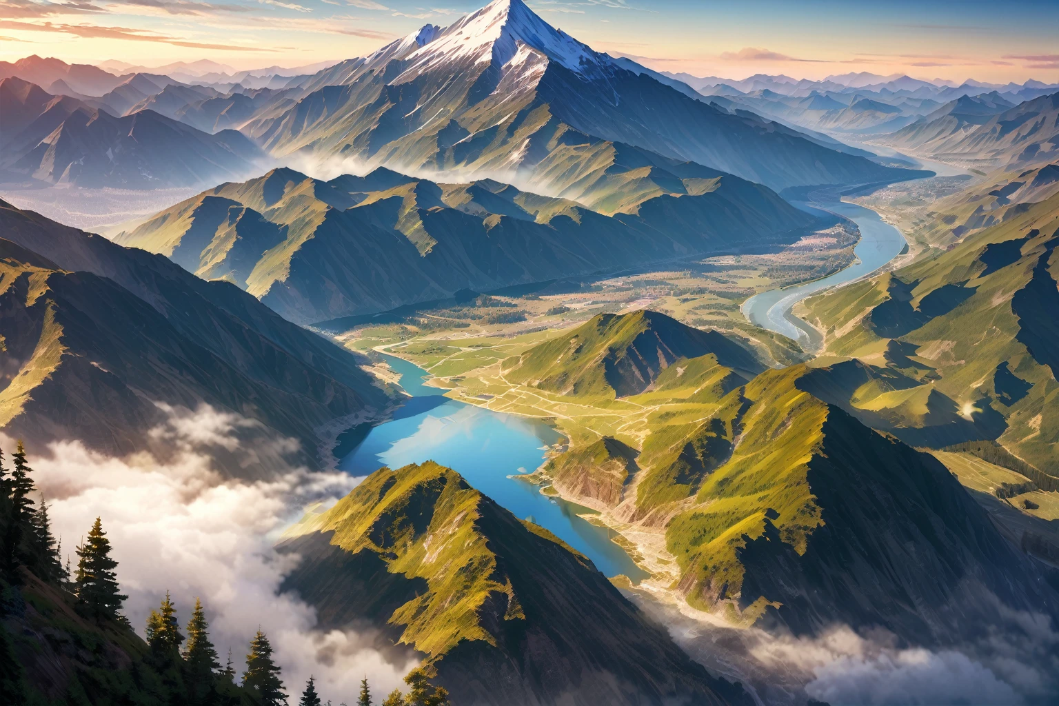 Generate an image of a mountain from the summit and a river in the summit. The image should be 8k super high megapixel and full detailed. The mountain should be a majestic snow-capped peak, and the river should be a winding stream that flows through the valley below. The image should be realistic and lifelike, with stunning detail and clarity.
Here are some additional details that you can include in the prompt:
The mountain should be located in a remote and wild area.
The river should be crystal clear and surrounded by lush vegetation.
The sky should be a clear blue with a few puffy white clouds.
The sun should be shining brightly, casting shadows on the mountain and river.
The image should be taken from a high altitude, so that the entire mountain and river can be seen in the frame.