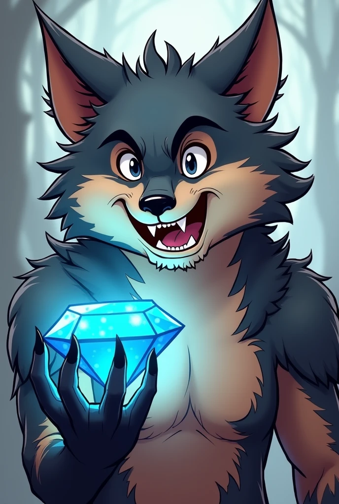 Cartoon wolverine as a wolf smiling holding a blue diamond
