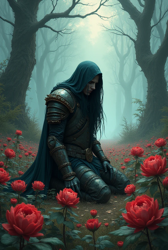 Dark Fantasy Wallpaper, cry Warrior in flowers