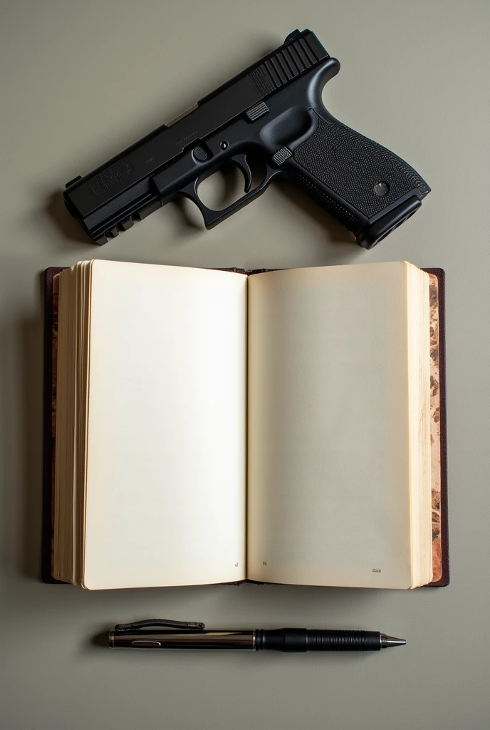 open book with some blank pages and a writing pen and a gun on top