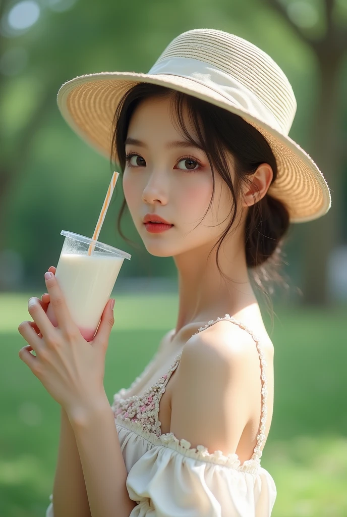 KOREAN, pale skin, cute hat, white flowery dress, in a park, she holds a milkshake in her left hand, closeup, sexy style