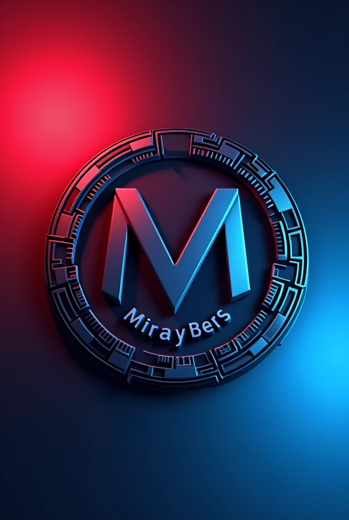 Make a creative round logo for a robotics group in red colors, white and azure, escrito MiraCybers