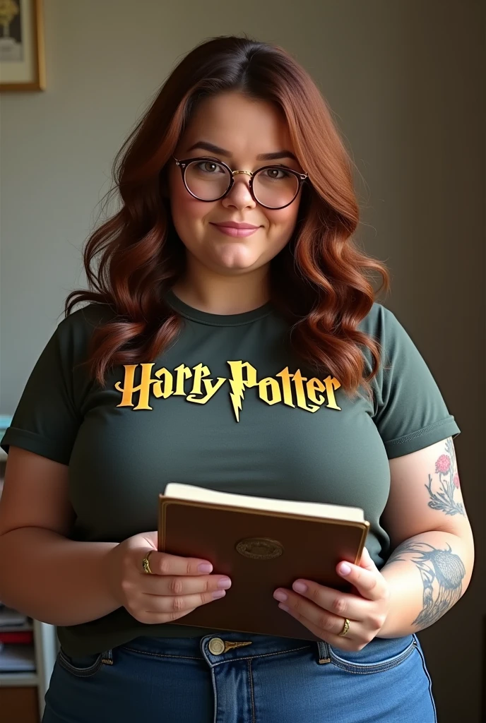 Woman 1,74, robust fat, chestnut wavy hair, eyes browns, with glasses, jeans and harry potter t-shirt, Female teacher, flower tattoo on forearm, notebook that is, golden glasses