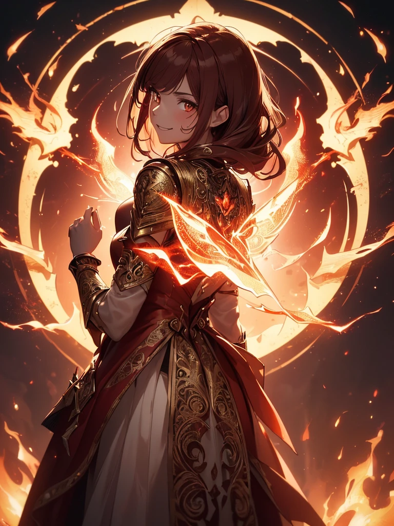 (((best quality, sharp image, clear image, cinematic lighting, 8k resolution, masterpiece, ultra detailed, intricate))) Girl, sorcerer, cute, intricate dress, smiling, fiery red, ((intricate background)), (rune frame), dimension, ((shot from behind)), fire sigils, chaotic background.