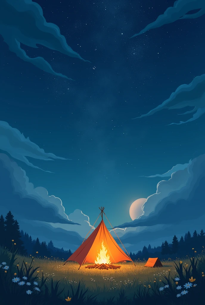 poster the tent stands in a meadow under the starry sky, in front of it there is a bonfire above the tent against the sky there is an inscription Yuru camp: a new era is coming