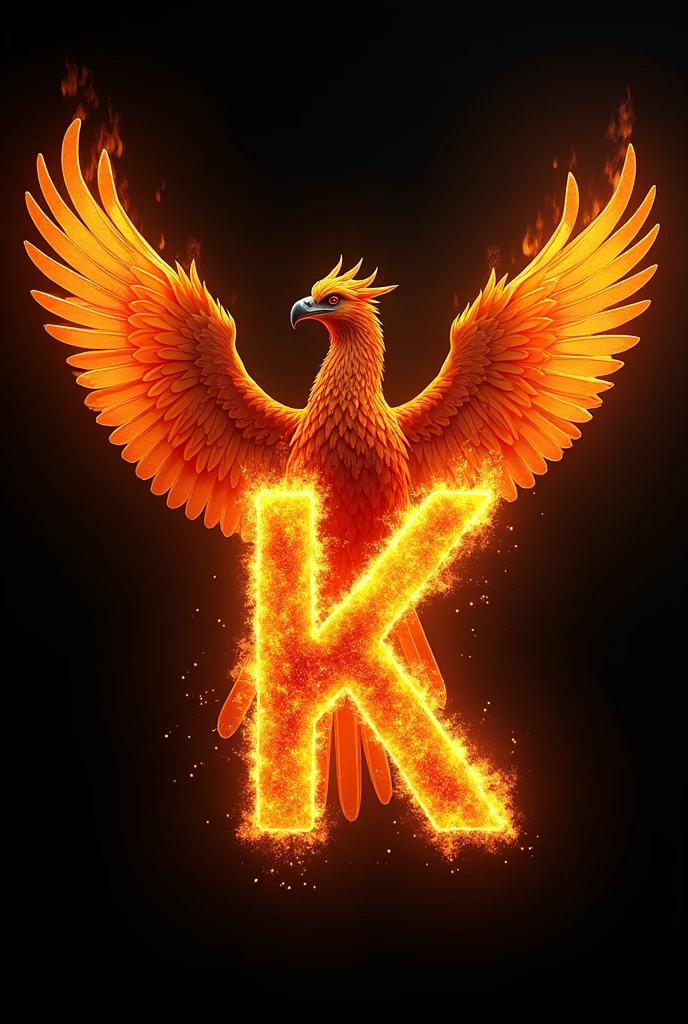 Make a banner for my YouTube channel with a flaming phoenix on a black background holding the flaming letter K also make it realistic flaming, on a plain black background