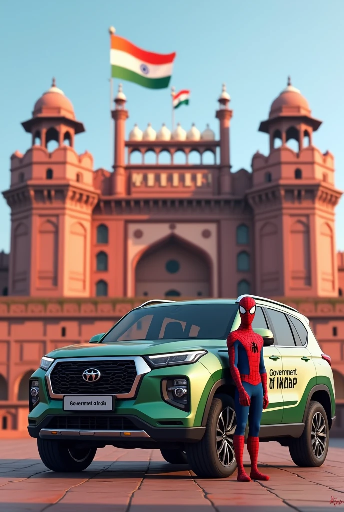 Red fort, Indian flag,A car is parked in front of the Red Fort, Government of India is written on the car, Spider-Man is standing near the car.