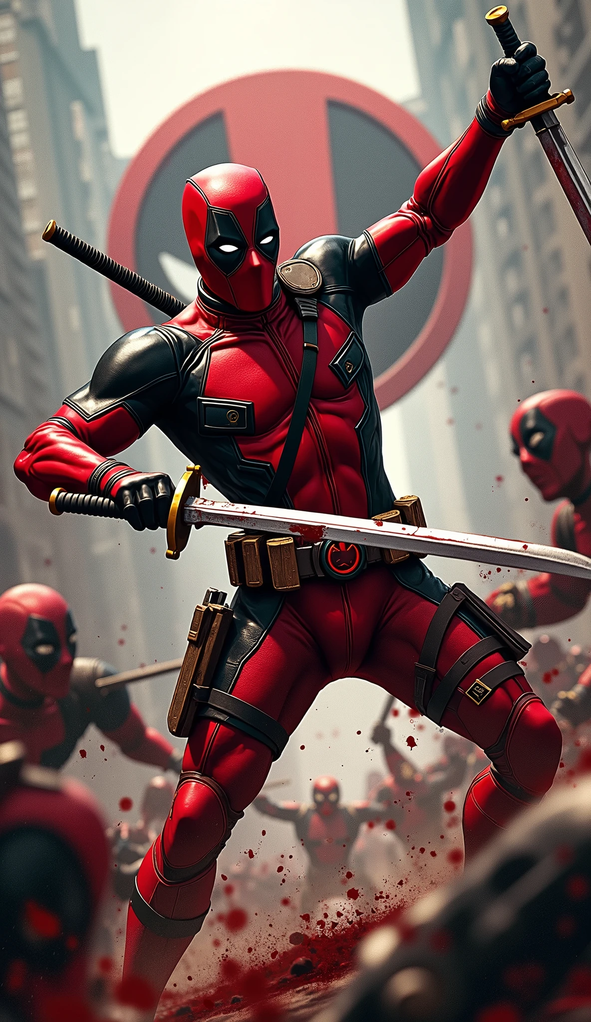 masterpiece, Highest quality, The best vantage point, Super detailed and intricate, Very delicate and beautiful, Highest quality light, (Ray Tracing:1.1),dead pool、Sword in both hands、Stabbing the enemy、Bloody、During fierce fighting、Knock down the enemy、DEADPOOL title logo in the background
