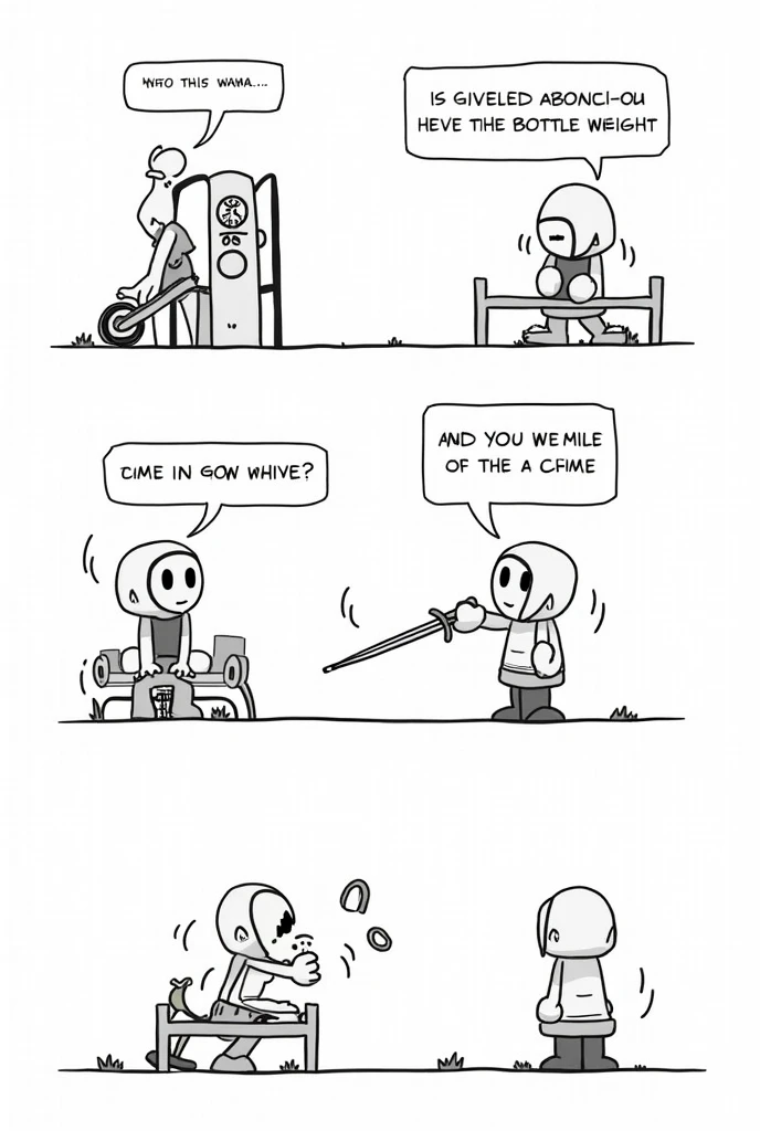 Title: "The Bench Press Confusion"Quadrinho 1:supper: Character 1 treinando na academia. Character 2 chega e pergunta:Character 2: "Where is my little bottle??"Comic 2:supper: Character 1 aponta para o banco de bench press.Character 1: "Tá enfrentando o bench press."Comic 3:supper: Character 2, holding an epée, se posiciona em frente ao banco de bench press, ready to fight.Character 2: "Let's go, bench press!"Nota: The comic strip is in black and white.