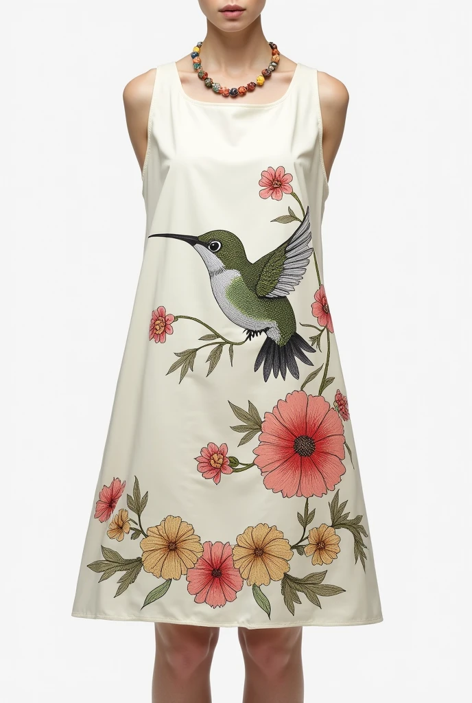 An image of a cloth dress with a drawing of a hummingbird and flowers at the bottom in a chain. The hummingbird must be large and the flowers must be large and carnations. The dress must be white and not too green. The dress is large, I got up and I want flowers around it. But the drawing should look like it is drawn and stitched with tempera, so that it can be seen from the front with other types of flowers. The hummingbird must be inside the dress, which must be different.