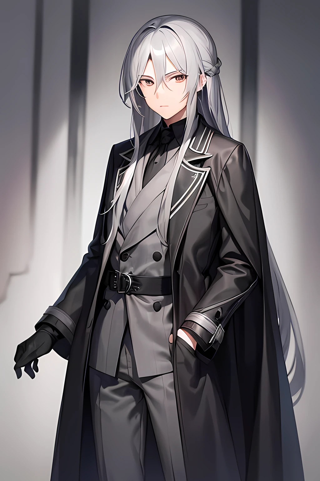 One young man, solo, long hair, dark grey hair, grey skin, grey skin, black eyes, dark grey coat, trench coat, silver chestplate, grey kimono, looking at the camera.