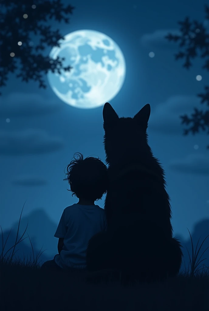 The silhouette of a child sitting leaning on a dog looking at the moon 