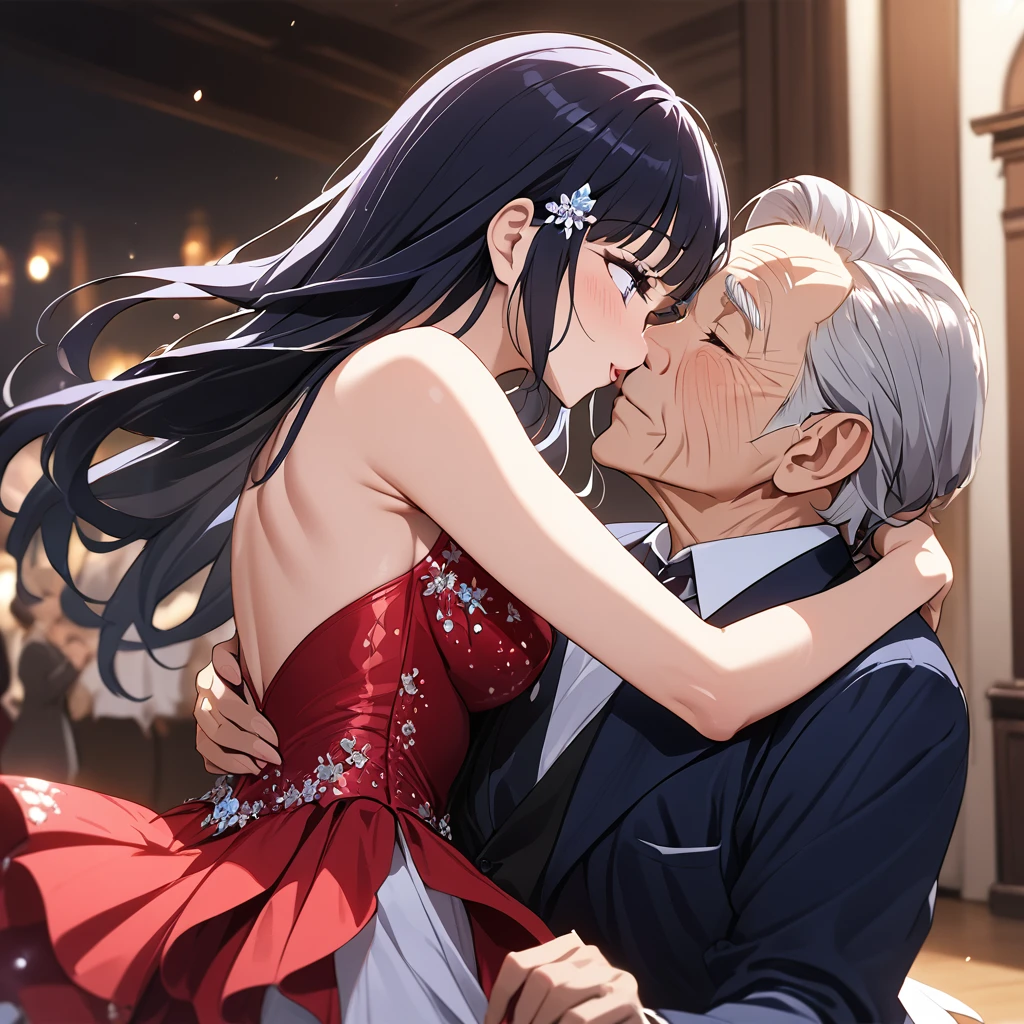 ((Highest quality)), ((masterpiece)), (detailed), (Perfect Face)、The woman is Reika Aoki with semi-long hair、The woman is wearing a beautiful, gorgeous tango costume and is dancing passionately with the old man while kissing him. The man proposes to her and she accepts the proposal.