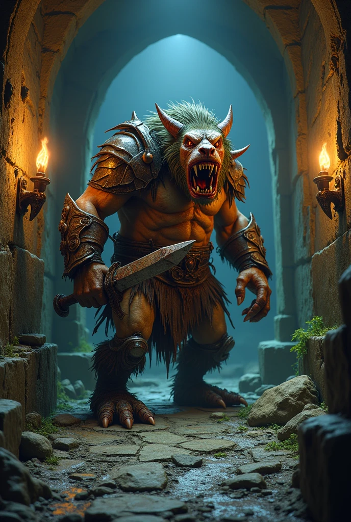 A bugbear goblin inside the dungeon protecting an amulet. RPG 3D 
