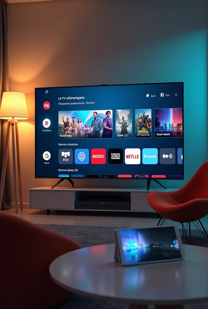 Créez une image promotionnelle pour une boutique IPTV, avec un écran plat affichant une interface IPTV dynamique, montrant des chaînes populaires. Ajoutez des éléments comme des logos de chaînes, des icônes de streaming, et des appareils connectés (smartphone, tablette). Le fond doit représenter un salon moderne, lumineux et confortable. Incluez un texte accrocheur, tel que "La TV réinventée, disponible partout !" et le nom de la boutique, avec une typographie moderne et impactante.