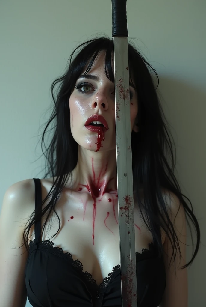 Realism, super quality, portrait photo style, woman stabbing her own Adam's apple with sword, her head is thrown back, woman has large masculine Adam's apple, (woman is a 30-year-old goth mom, feminine face, gothic makeup, black dress, pale skin, long hair)