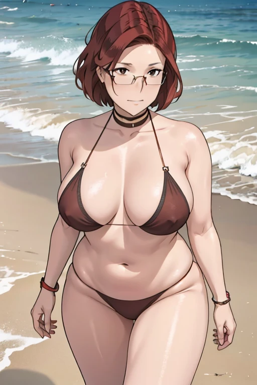 A tall woman, of Brown hair, with some glasses, with short hair, dark-skinned, with big breasts, Wide hips, big butts, boluctuous body, wearing a thin red bikini, with mesh malls, walking on the beach 