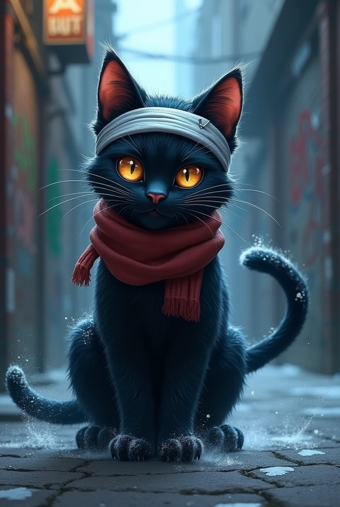 create a photo realistic image of a character named Iceberg-Kitty, a mischievous black alley cat with a cunning smile wearing a scarf, bandages around his head and had ice powers