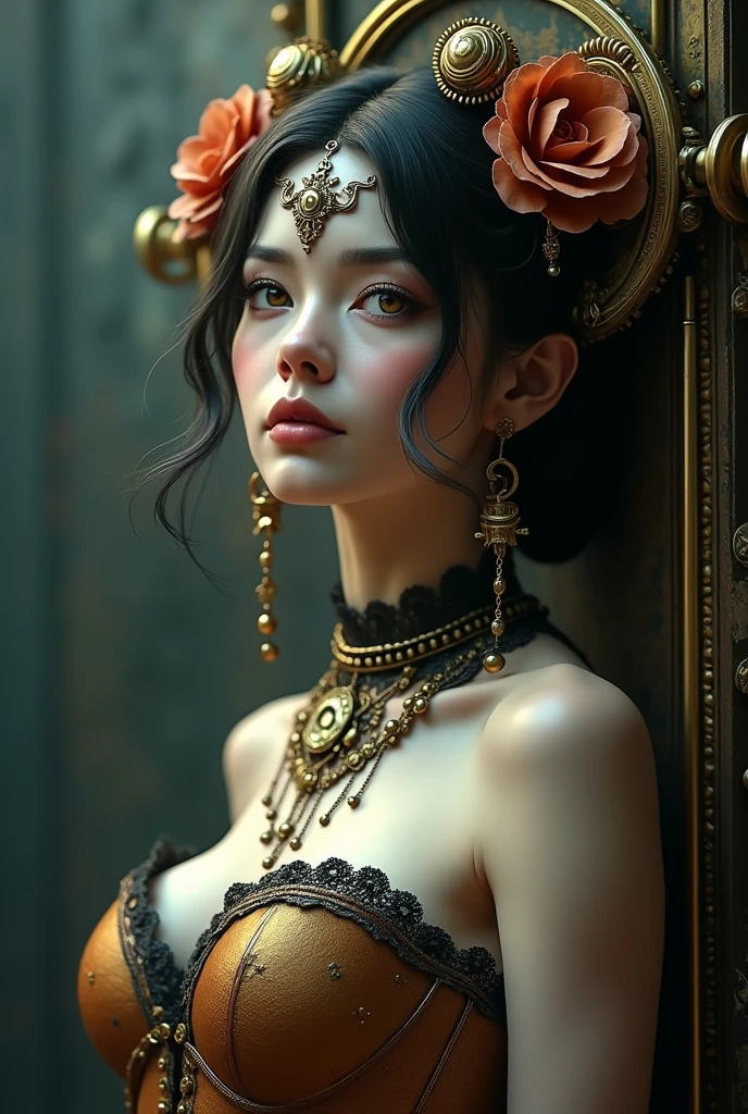 A beautiful steampunk woman with golden eyes, mystical ambiance, extremely detailed face and body, intricate mechanical details, porcelain skin, corset, lace, gears, brass, Victorian style, dramatic lighting, chiaroscuro, cinematic, (best quality,4k,8k,highres,masterpiece:1.2),ultra-detailed,(realistic,photorealistic,photo-realistic:1.37),HDR,UHD,studio lighting,ultra-fine painting,sharp focus,physically-based rendering,extreme detail description,professional,vivid colors,bokeh