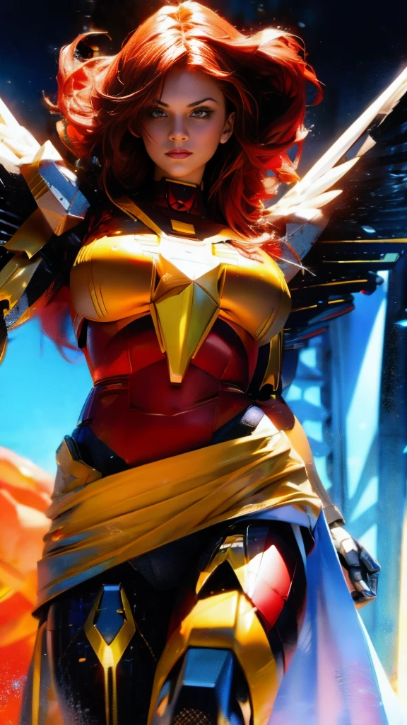 A beautiful detailed portrait of Jean Grey from X-men as a Gundam mecha, extremely detailed eyes and face, long eyelashes, intricate mecha design, wings, futuristic tech, seamless integration of organic and mechanical elements, cinematic lighting, dynamic fighting poses, (wide angle:1.27), (full length portrait:1.37), vibrant colors, 8k, photorealistic, concept art style, sharp focus, clean lines, no bra