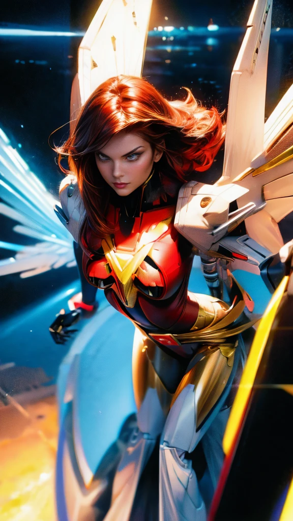 A beautiful detailed portrait of Jean Grey from X-men as a Gundam mecha, extremely detailed eyes and face, long eyelashes, intricate mecha design, wings, futuristic tech, seamless integration of organic and mechanical elements, cinematic lighting, dynamic fighting poses, (wide angle:1.27), (full length portrait:1.37), vibrant colors, 8k, photorealistic, concept art style, sharp focus, clean lines, no bra