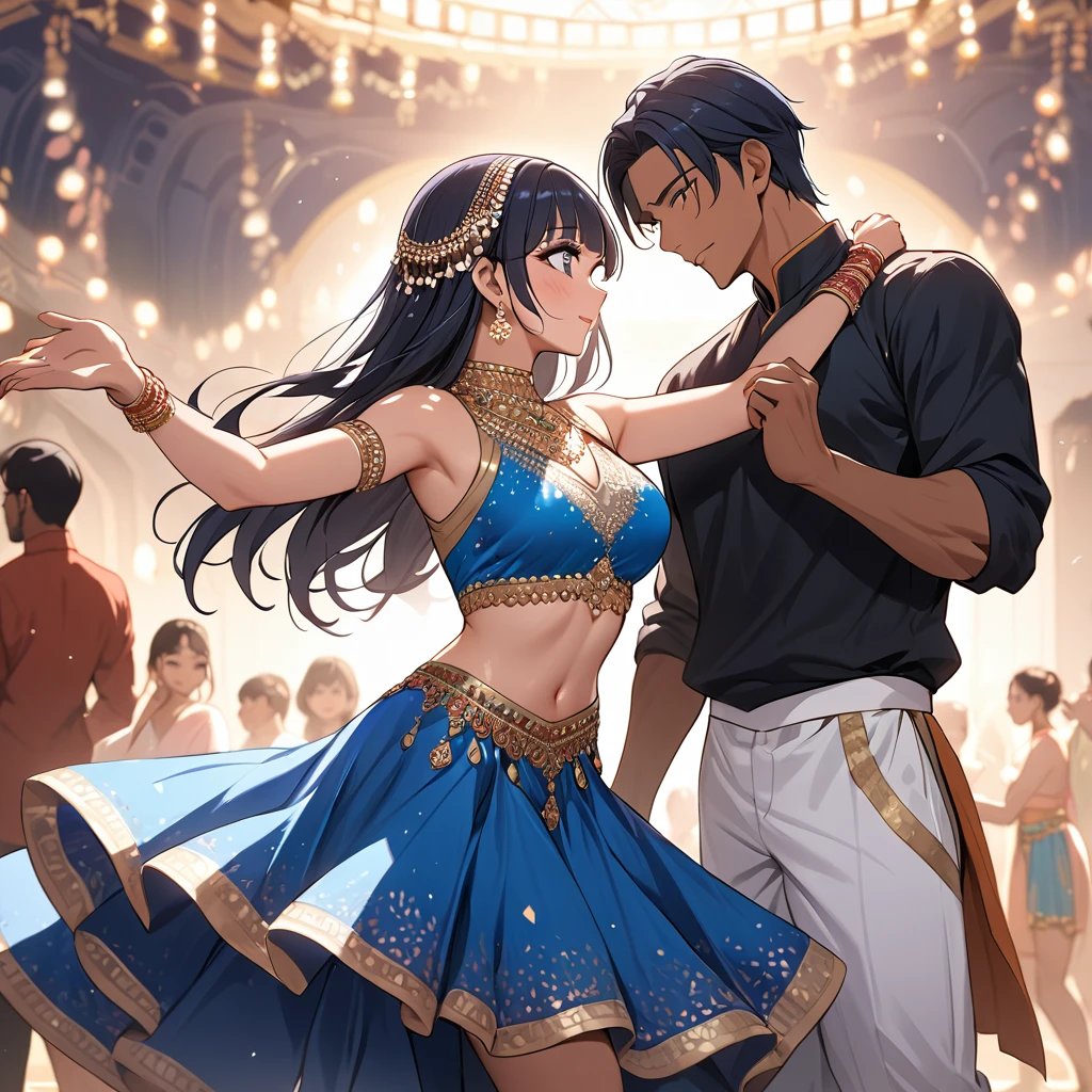 ((Highest quality)), ((masterpiece)), (detailed), （Perfect Face）、The woman is Reika Aoki, an Indian with dark skin and semi-long hair.、A woman is in India wearing a Bollywood dance costume and dancing beautifully with a man, who proposes to her.